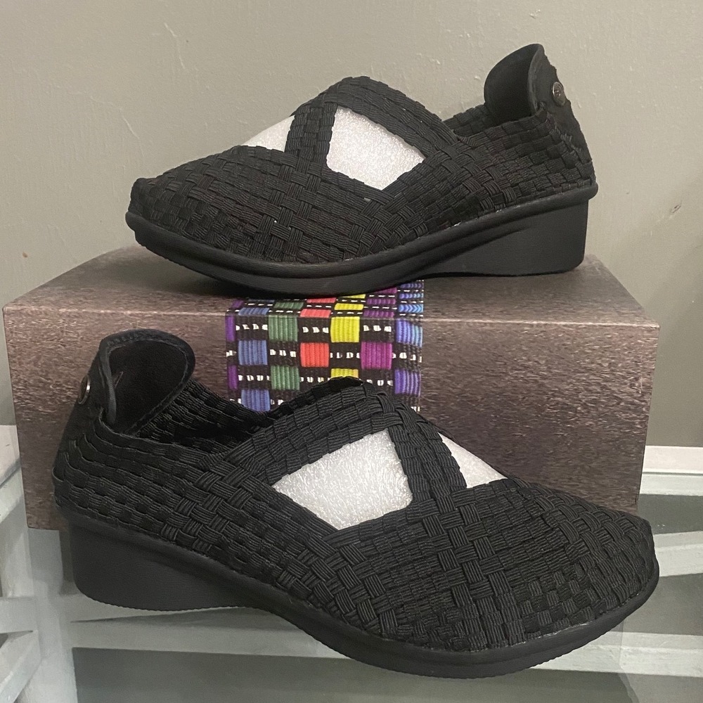 Bernie Mev Crown Black Woven Elastic Mary Jane Wedge Flats Size 38